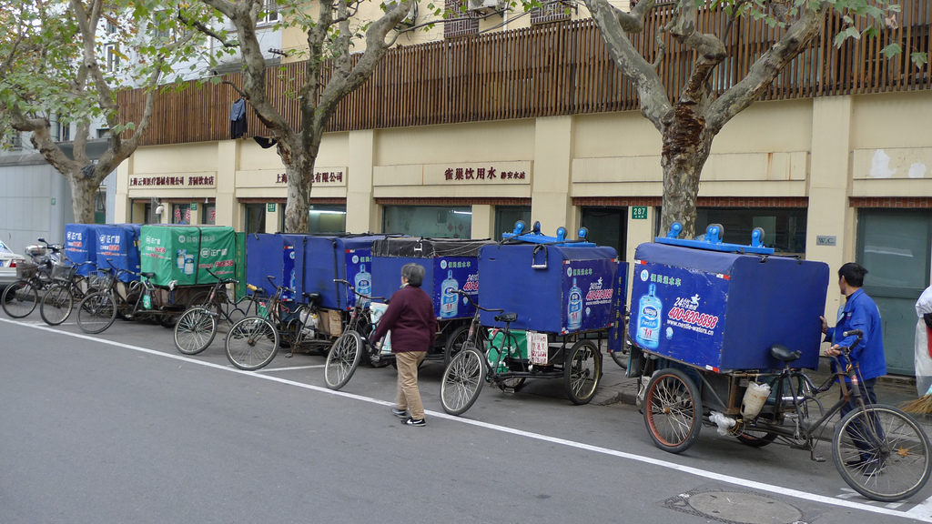 Water delivery tricycles lined up along the south side of Wuyuan Lu (五原路) east of Wukang Lu (武康路), former French Concession, Shanghai